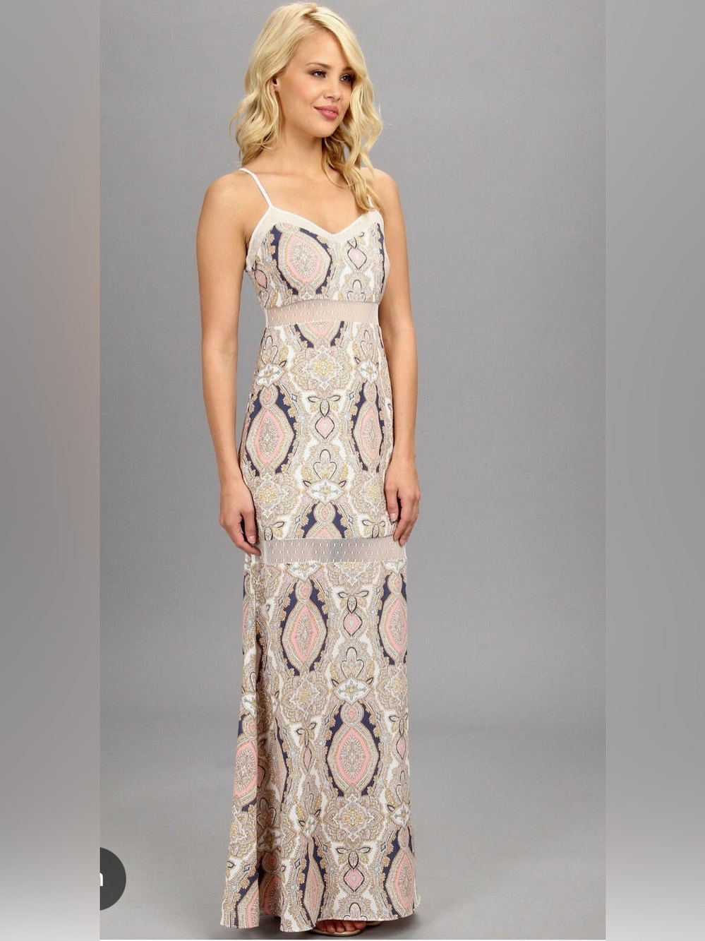 BCBGeneration Blush and Navy Paisley Lace-Trim Maxi Dress